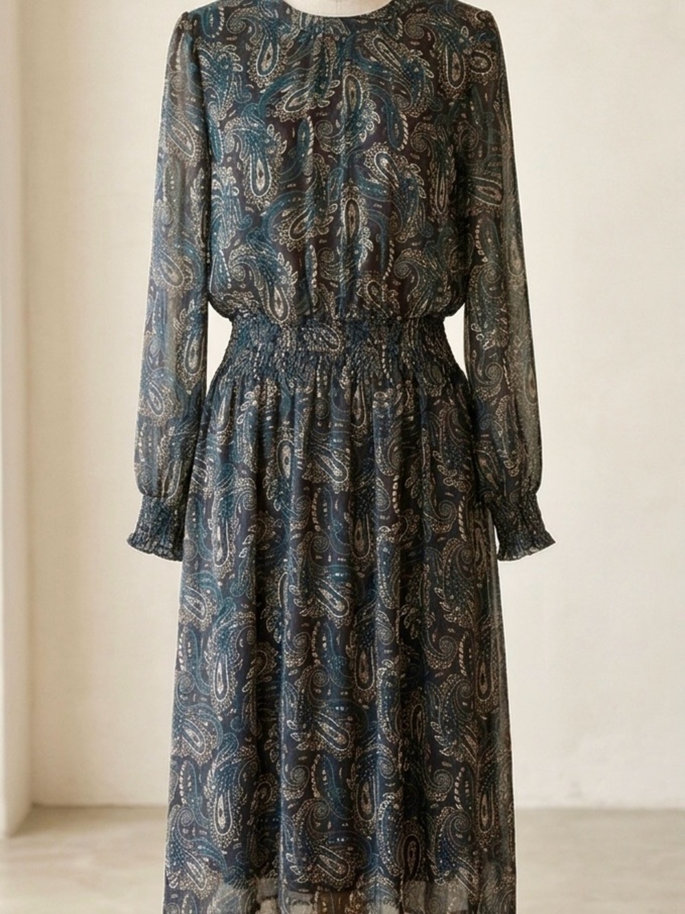Tommy Hilfiger| Teal & Navy Paisley Long Sleeve Gathered Waist Midi Dress Sz 10